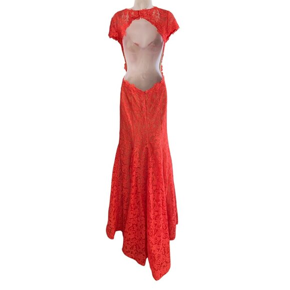 NWT La Femme Coral Lace Backless Formal Evening Gown Size 6 Coral - Picture 9 of 11